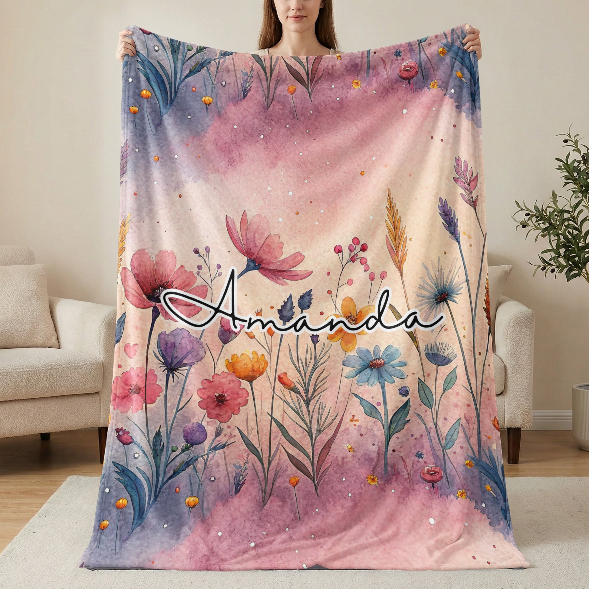 Custom Name Floral Design Artistic Personalized Blanket