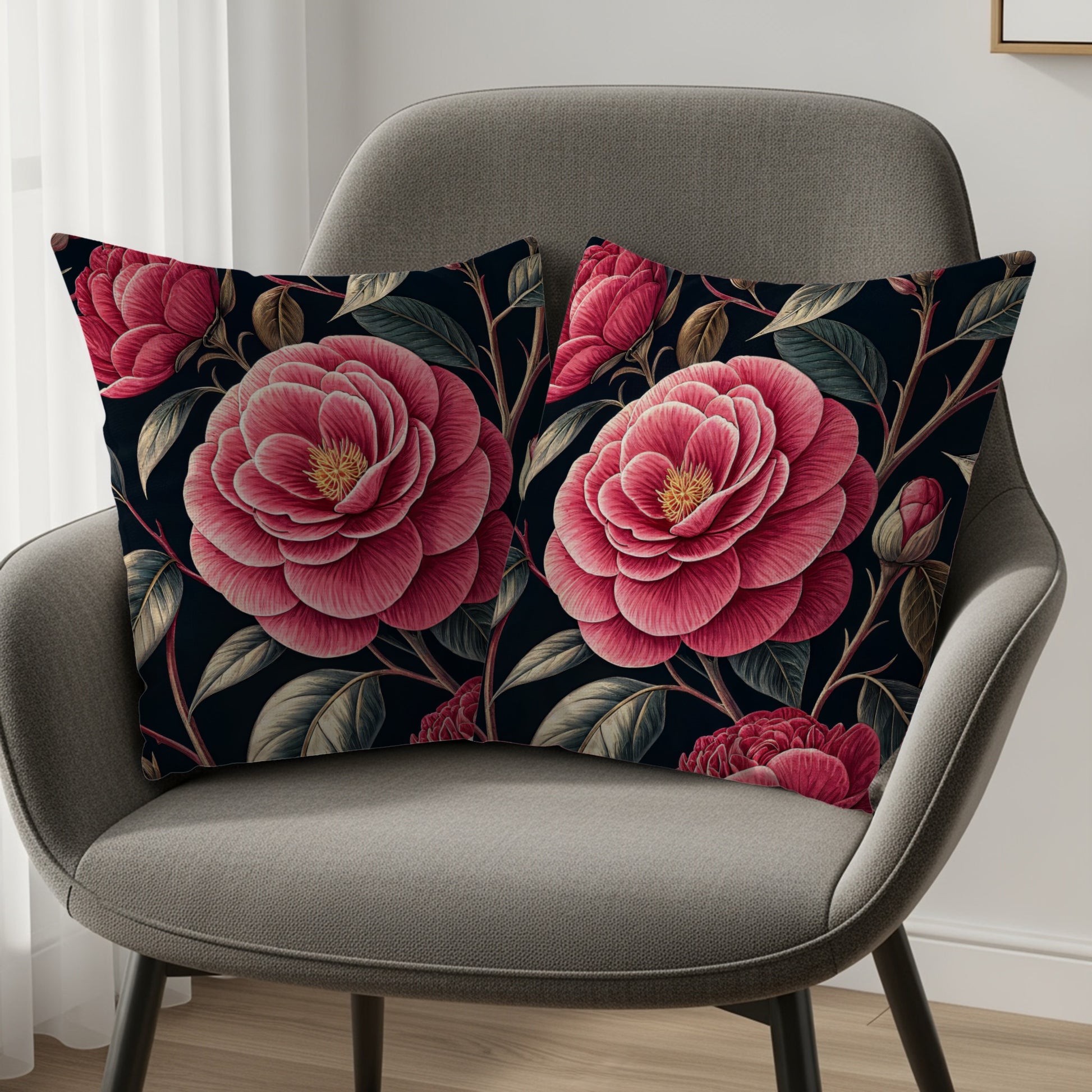 Elegant Pink Camellias Floral Arrangement Decorative Floral Throw Pillows - Walk Greener
