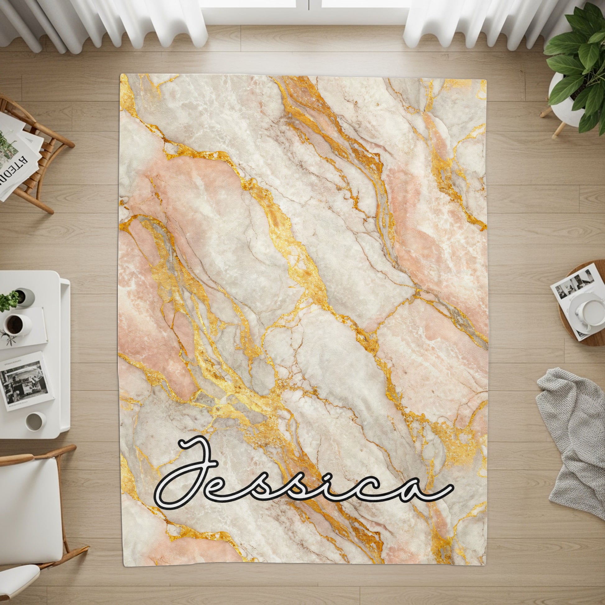 Custom Name Marble Gold Vein Print Area Rug