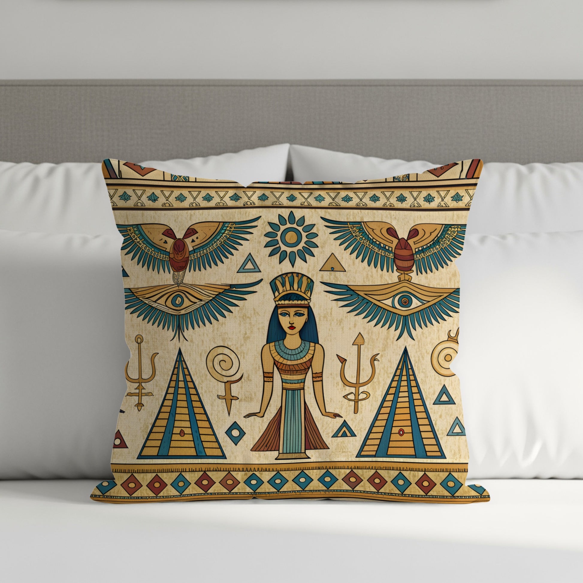 Egyptian Ancient Style Figures Symbols Teal Gold Pillows & Pillow Cases - Walk Greener