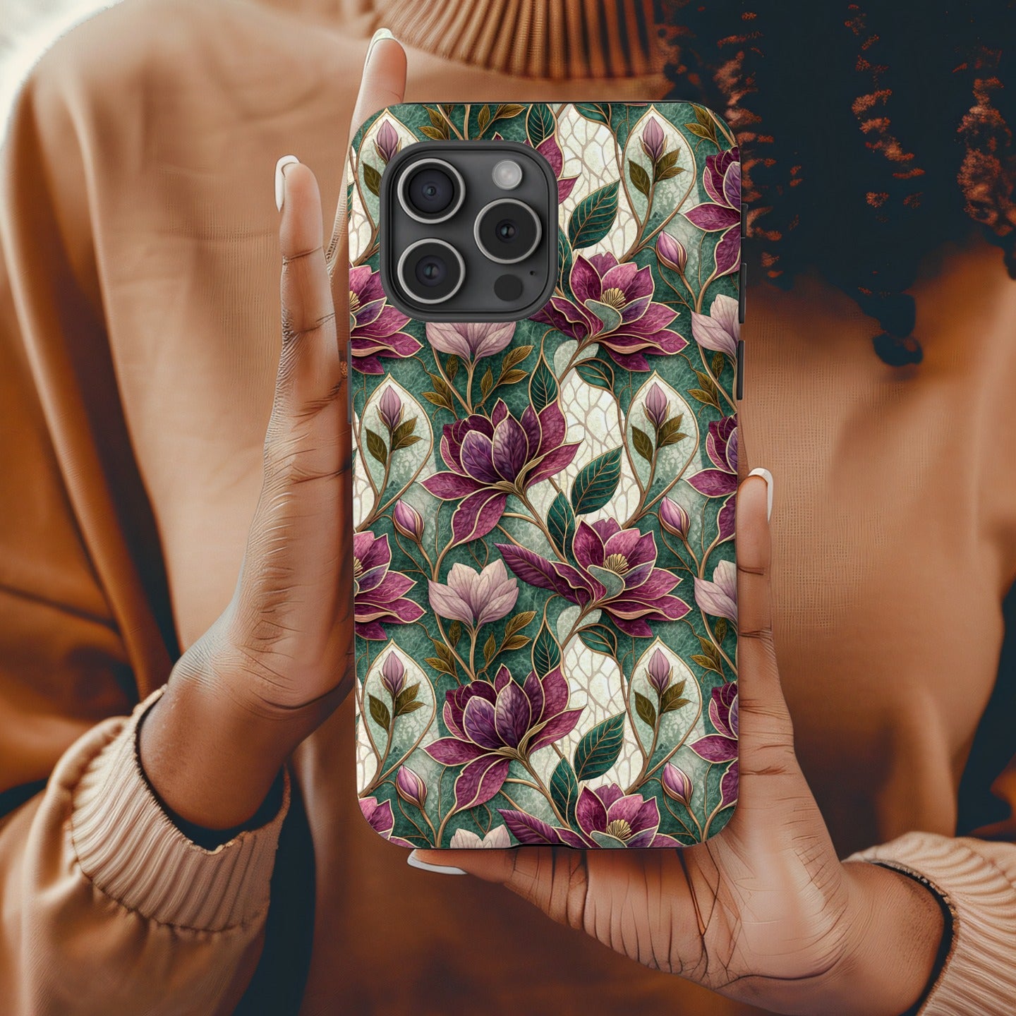 Elegant Floral Pattern Phone Case with Purple Accents