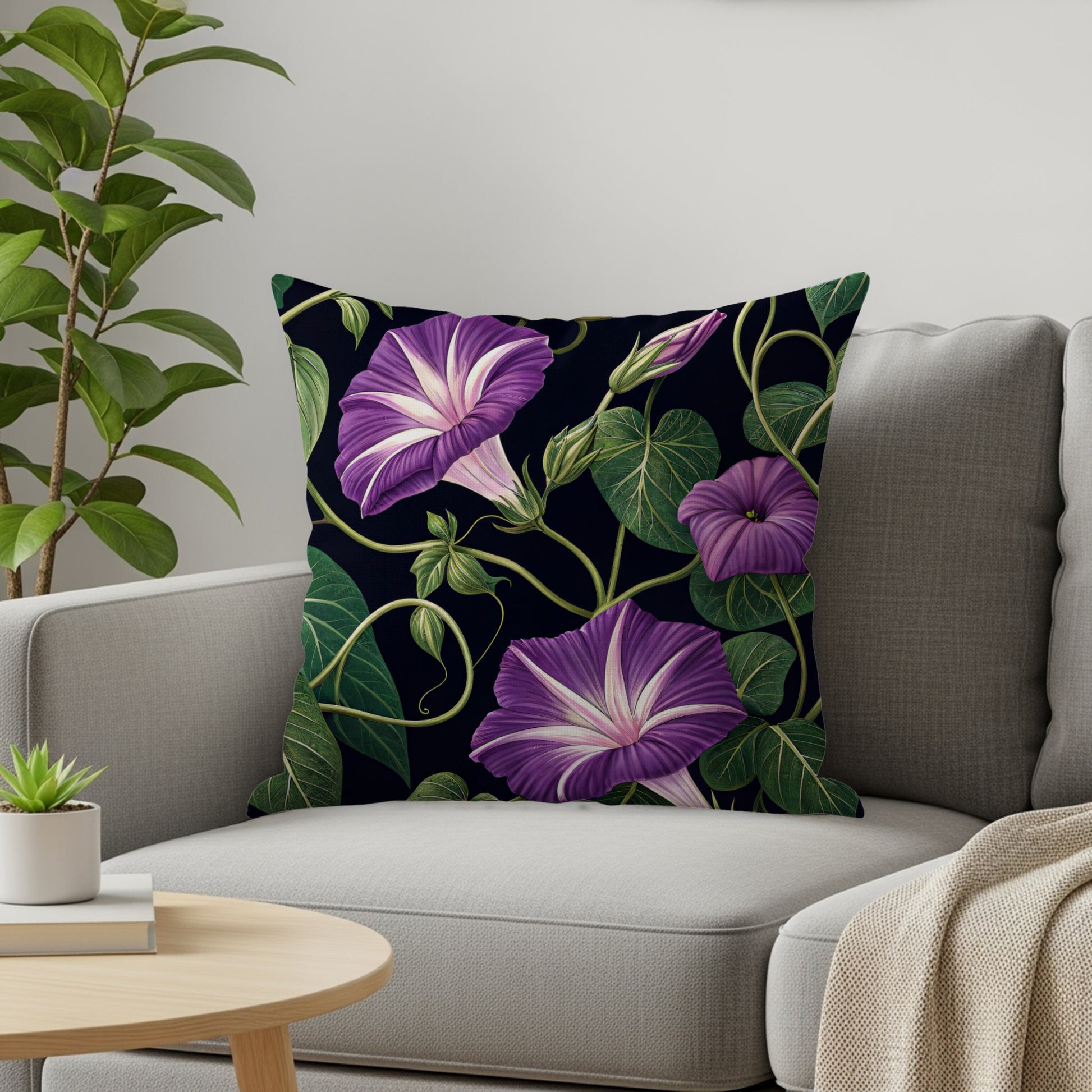 Detailed Purple Morning Glory Vine with Green Leaves Decorative Floral Throw Pillows - Walk Greener