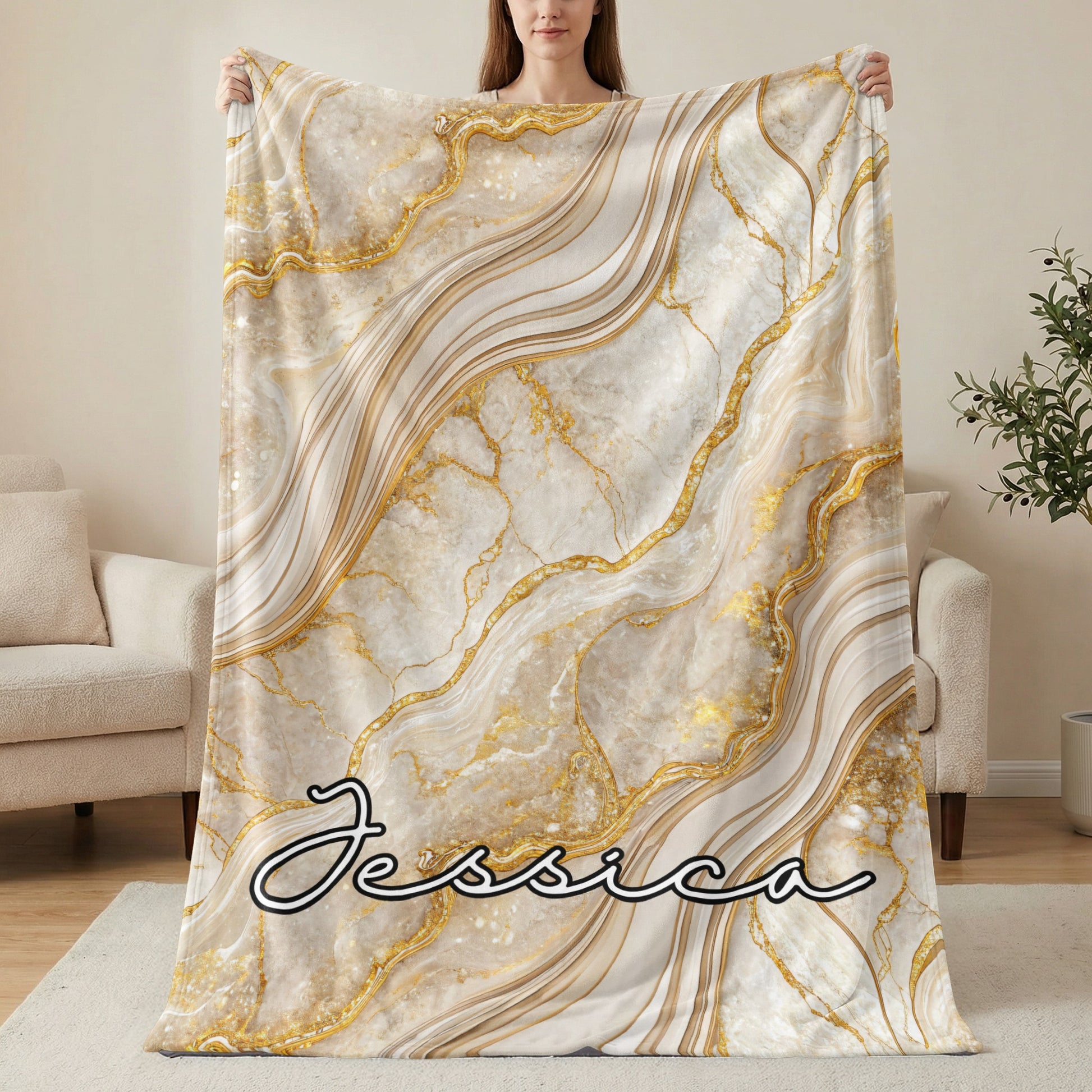 Elegant Gold Veined Marble Background Custom Name Blanket - Walk Greener