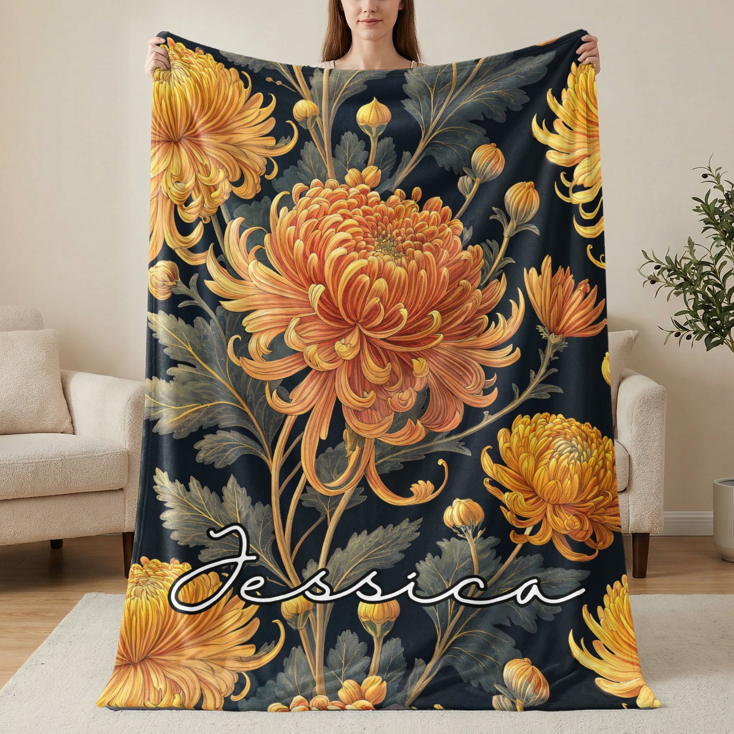 Personalized Jessica Floral Blanket with Orange Flowers
