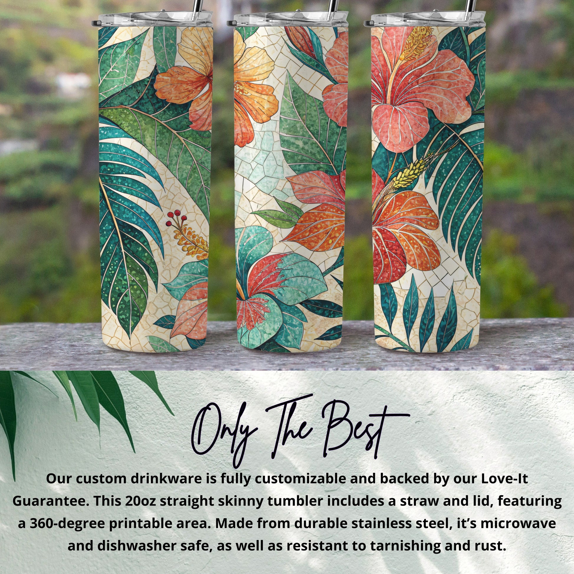Hibiscus Flowers with Mosaic Background Illustration 20 oz Skinny Tumbler - Walk Greener