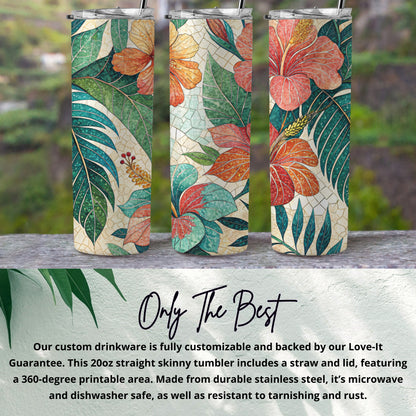 Hibiscus Flowers with Mosaic Background Illustration 20 oz Skinny Tumbler - Walk Greener