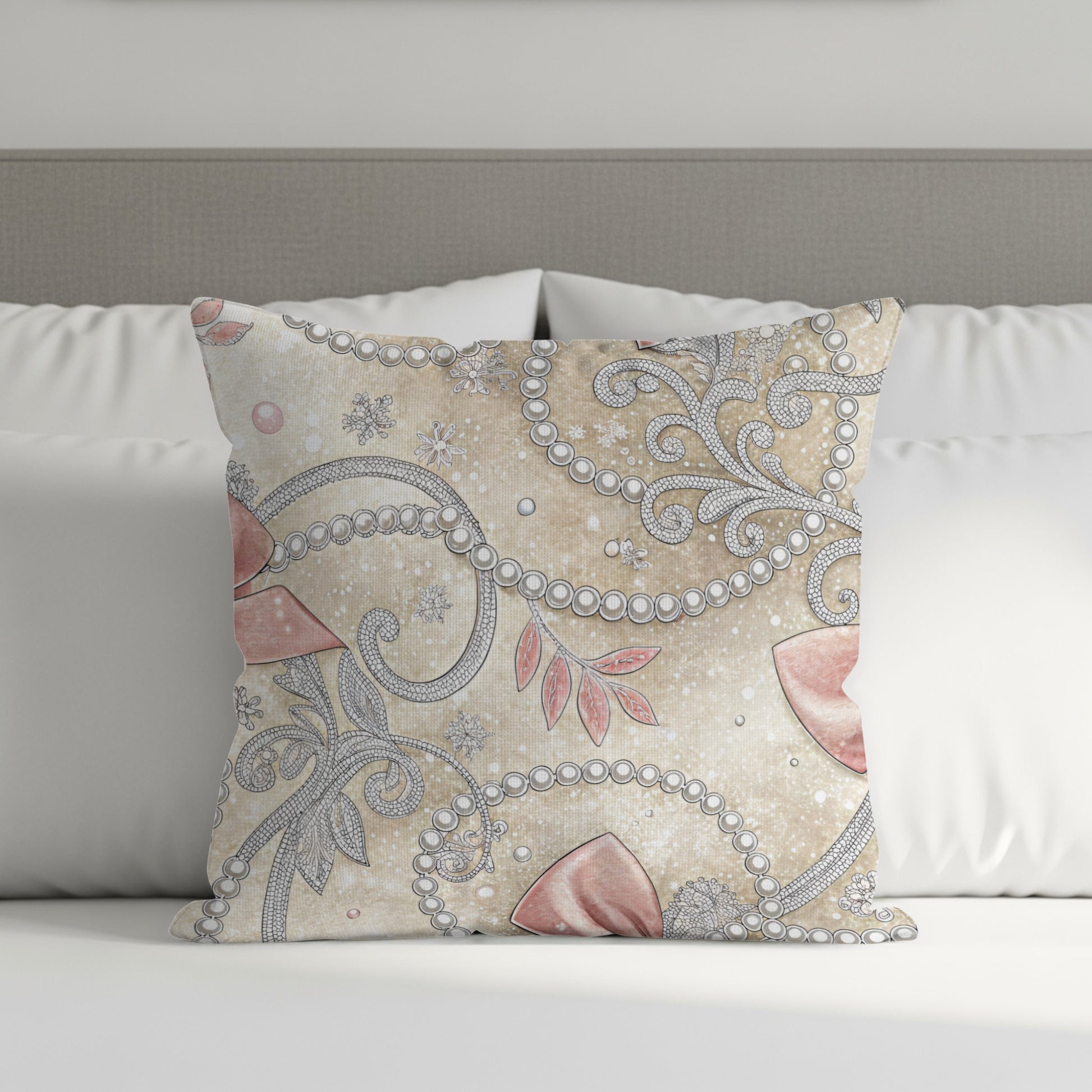 Pink Bows and Pearls Floral Swirls Pattern Design Pillows & Pillow Cases - Walk Greener