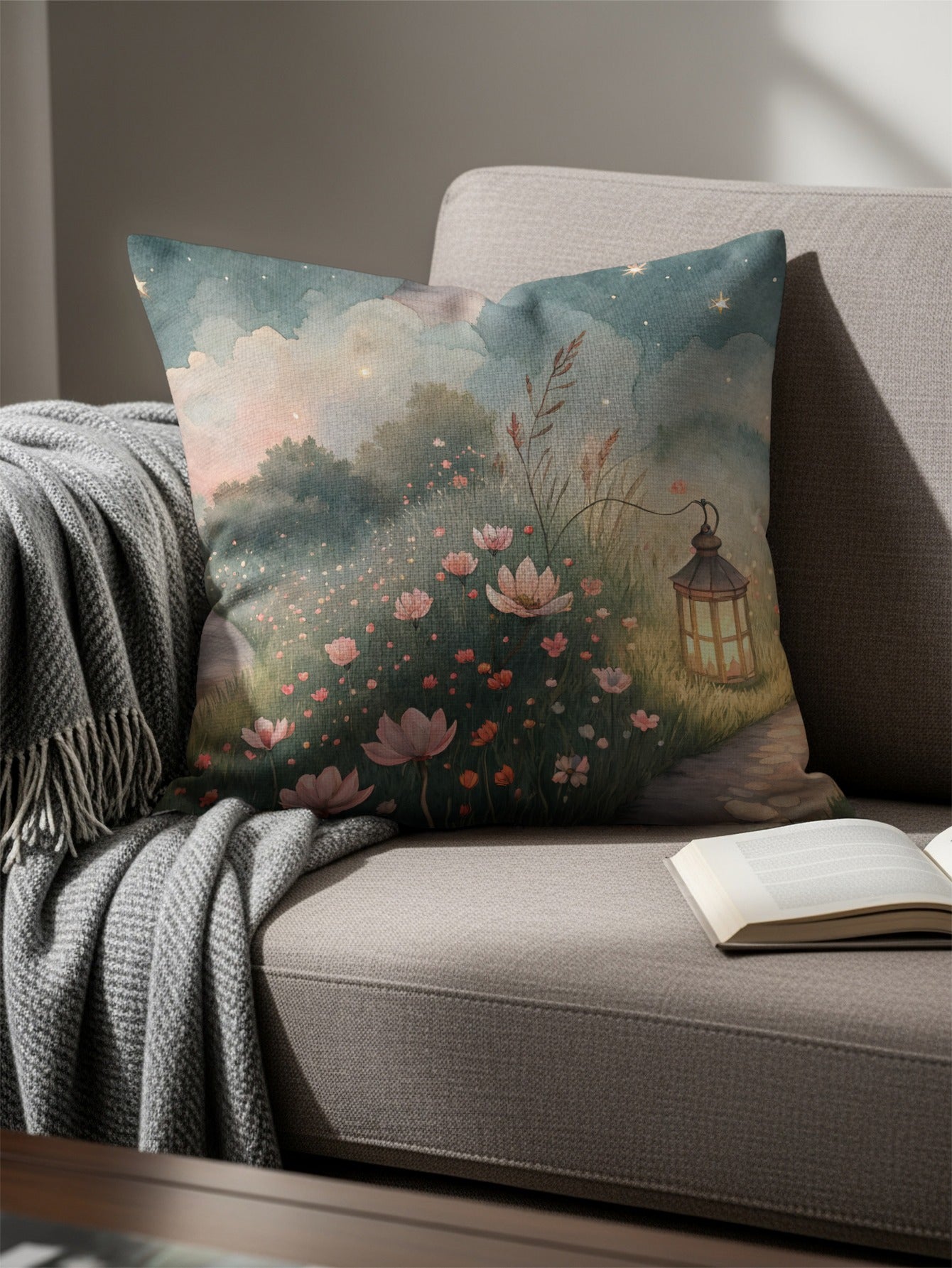 Watercolor Pathway Lantern And Flowers Artistic Design Pillows & Pillow Cases - Walk Greener