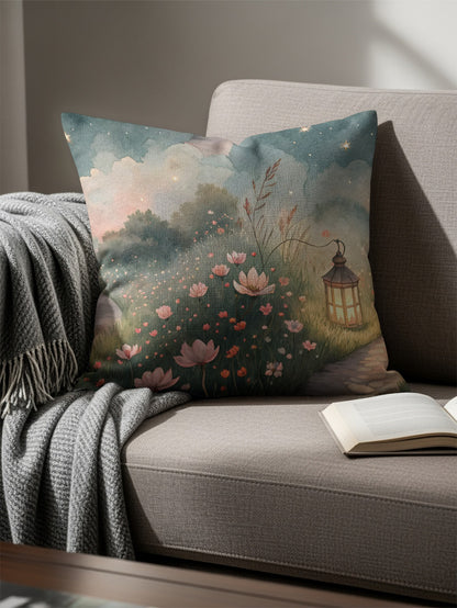 Watercolor Pathway Lantern And Flowers Artistic Design Pillows & Pillow Cases - Walk Greener