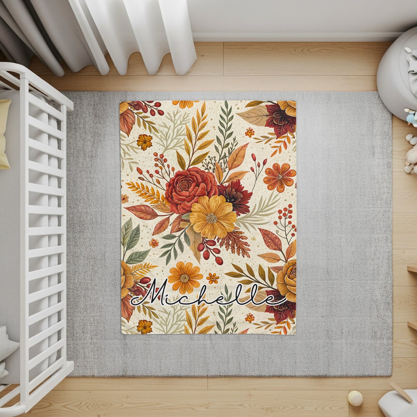 Personalized Floral Autumn Design Rug with Name
