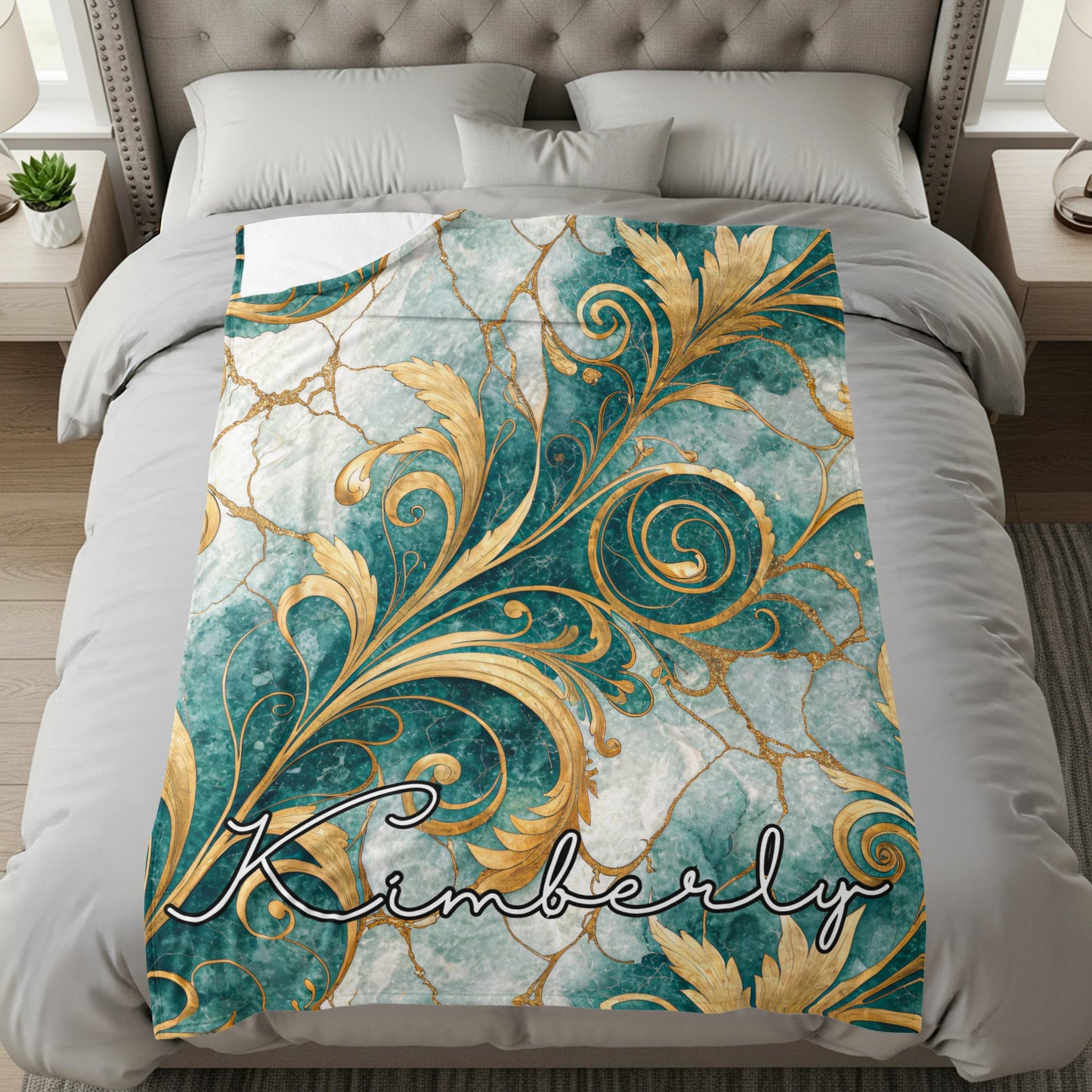 Golden Floral on Blue Custom Name Style Blanket - Walk Greener