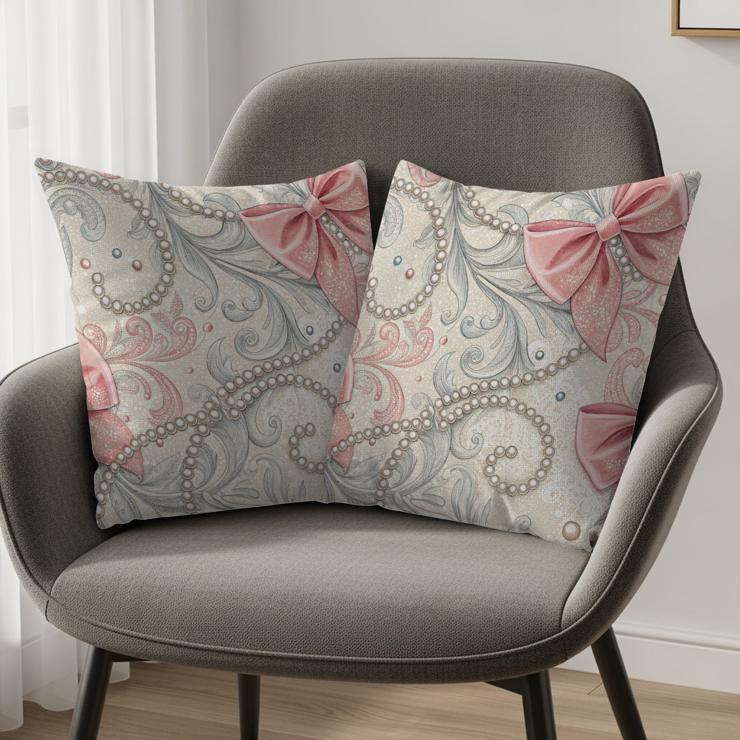 Elegant Decorative Throw Pillows with Pink Bows Design