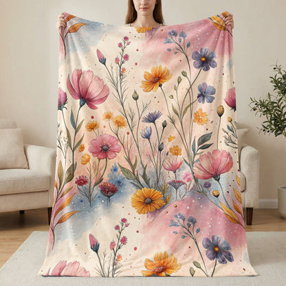 Watercolor Meadow Flowers on Light Background Velveteen Plush Blankets - Walk Greener