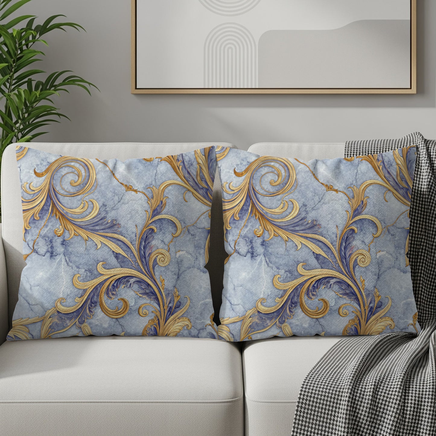 Ornate Gold Floral on Blue Marble Decorative Floral Throw Pillows - Walk Greener