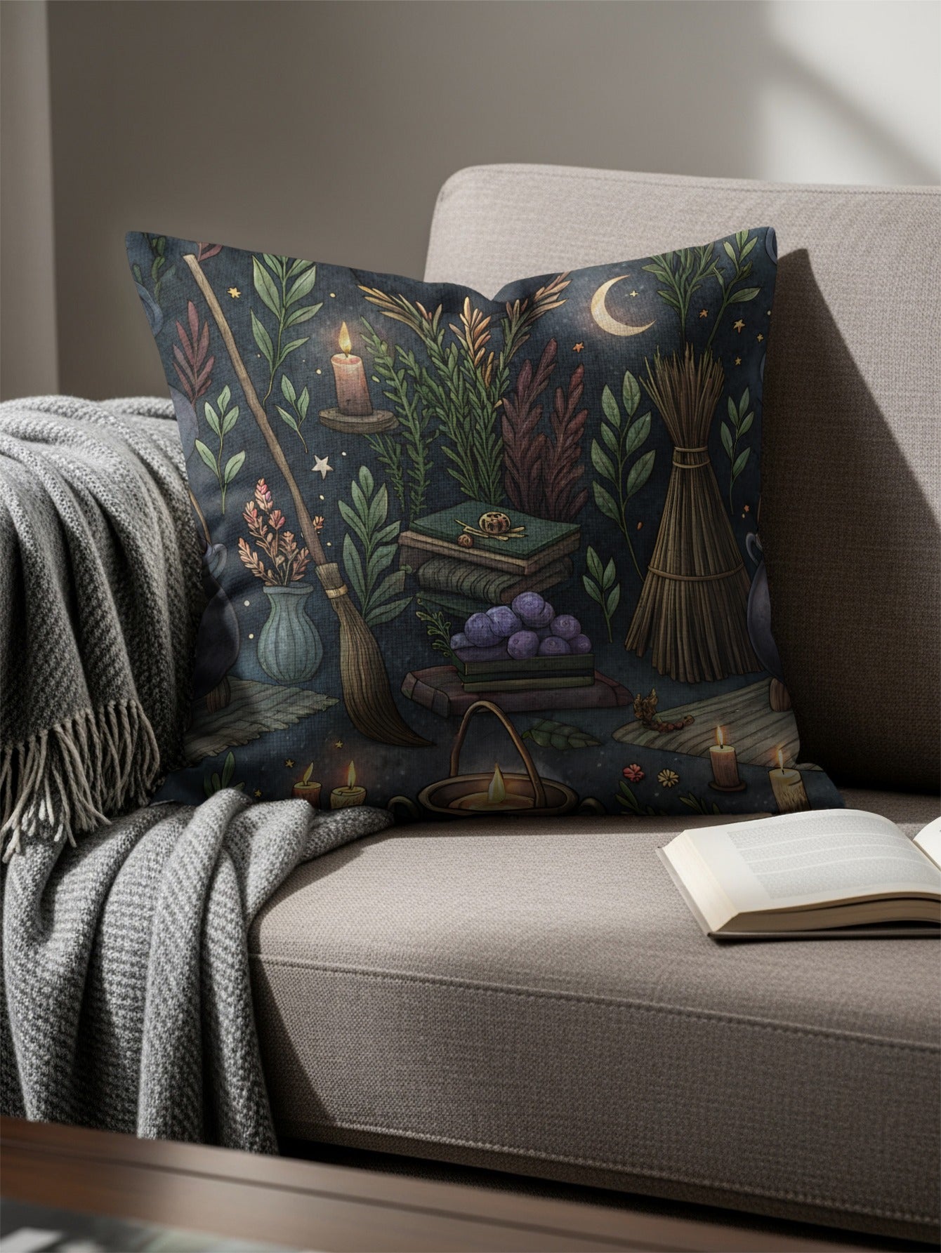Cozy Candle and Bookshelf Design Throw Pillow