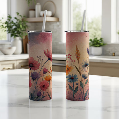 Watercolor Floral Field On Light Pink 20 oz Skinny Tumbler - Walk Greener