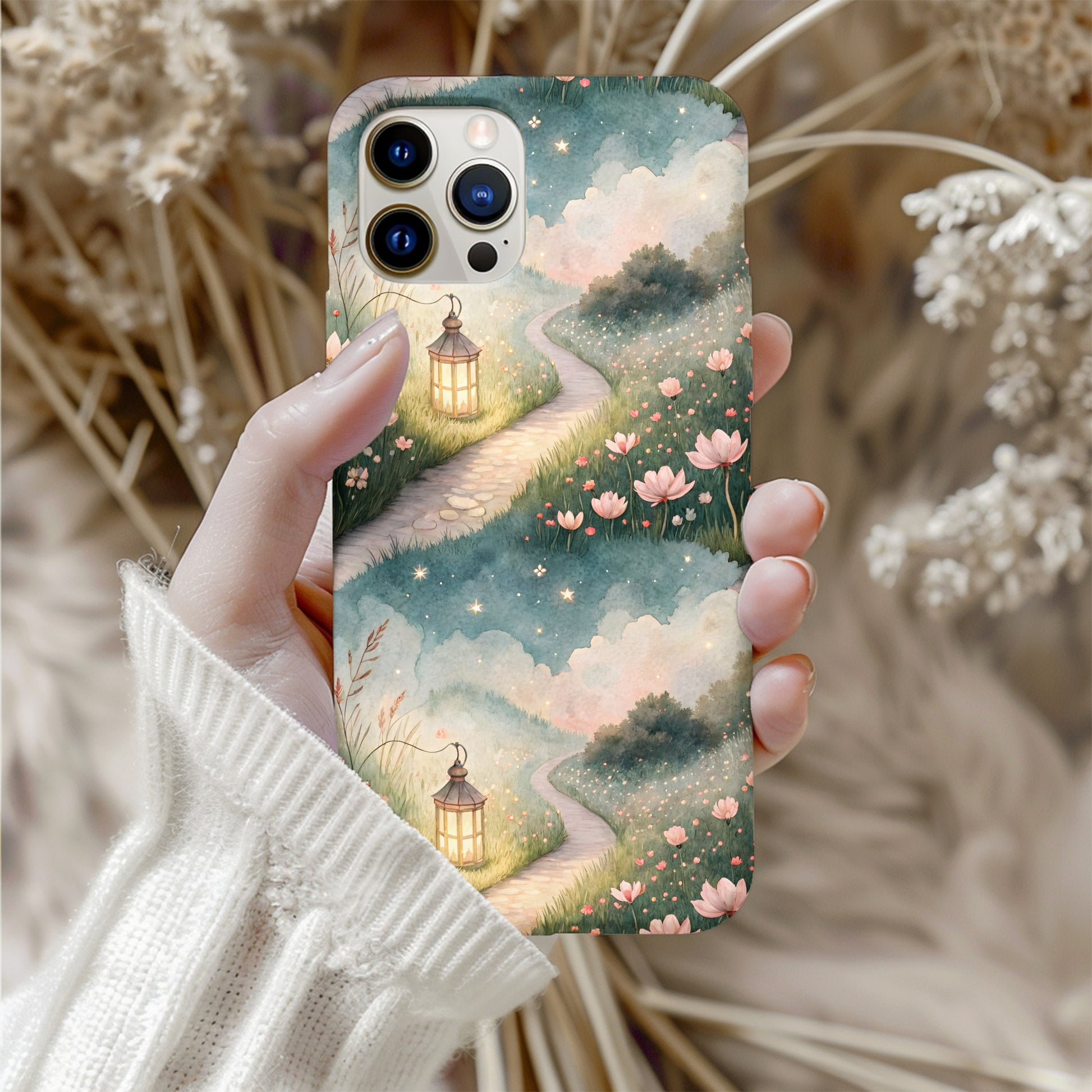 Floral Pathway Lamp Post Scenery with Custom Name Custom Phone Case - Walk Greener