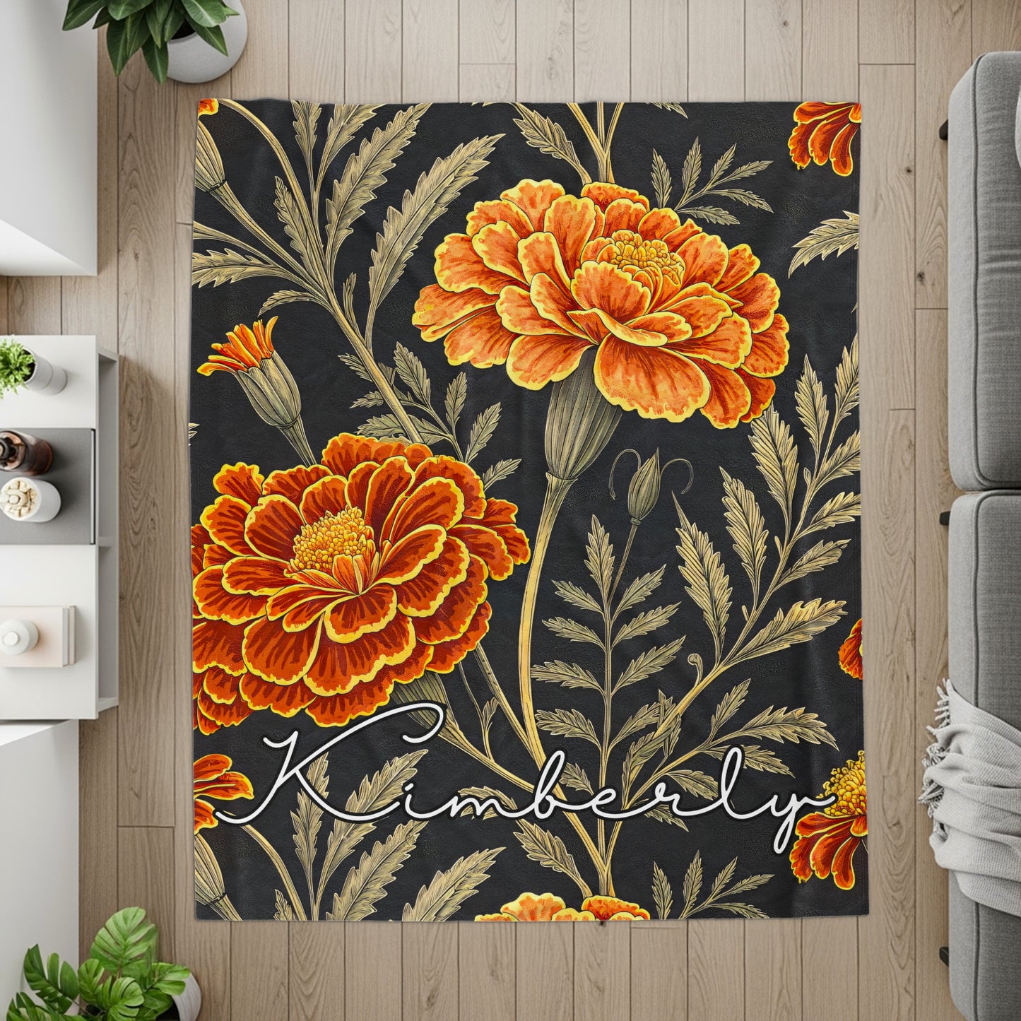 Personalized Kimberly Floral Rug with Bold Orange Blooms