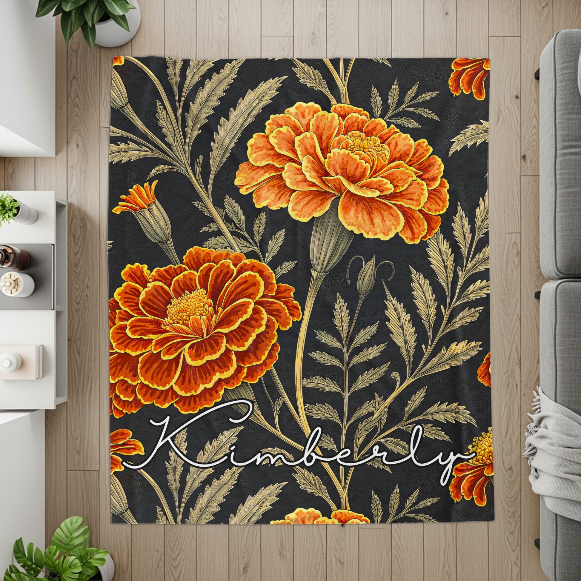 Personalized Kimberly Floral Rug with Bold Orange Blooms