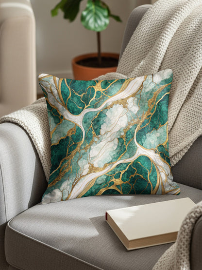 Elegant Green and Gold Marble Throw Pillow for Home Decor
