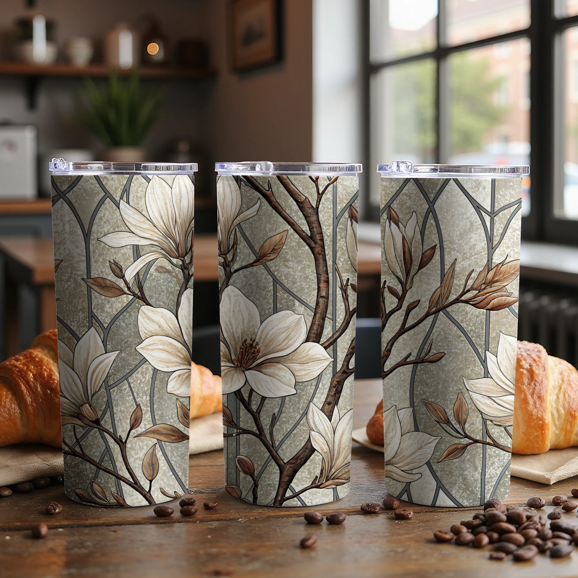 Magnolia Floral Design on Mosaic Background 20 oz Skinny Tumbler - Walk Greener