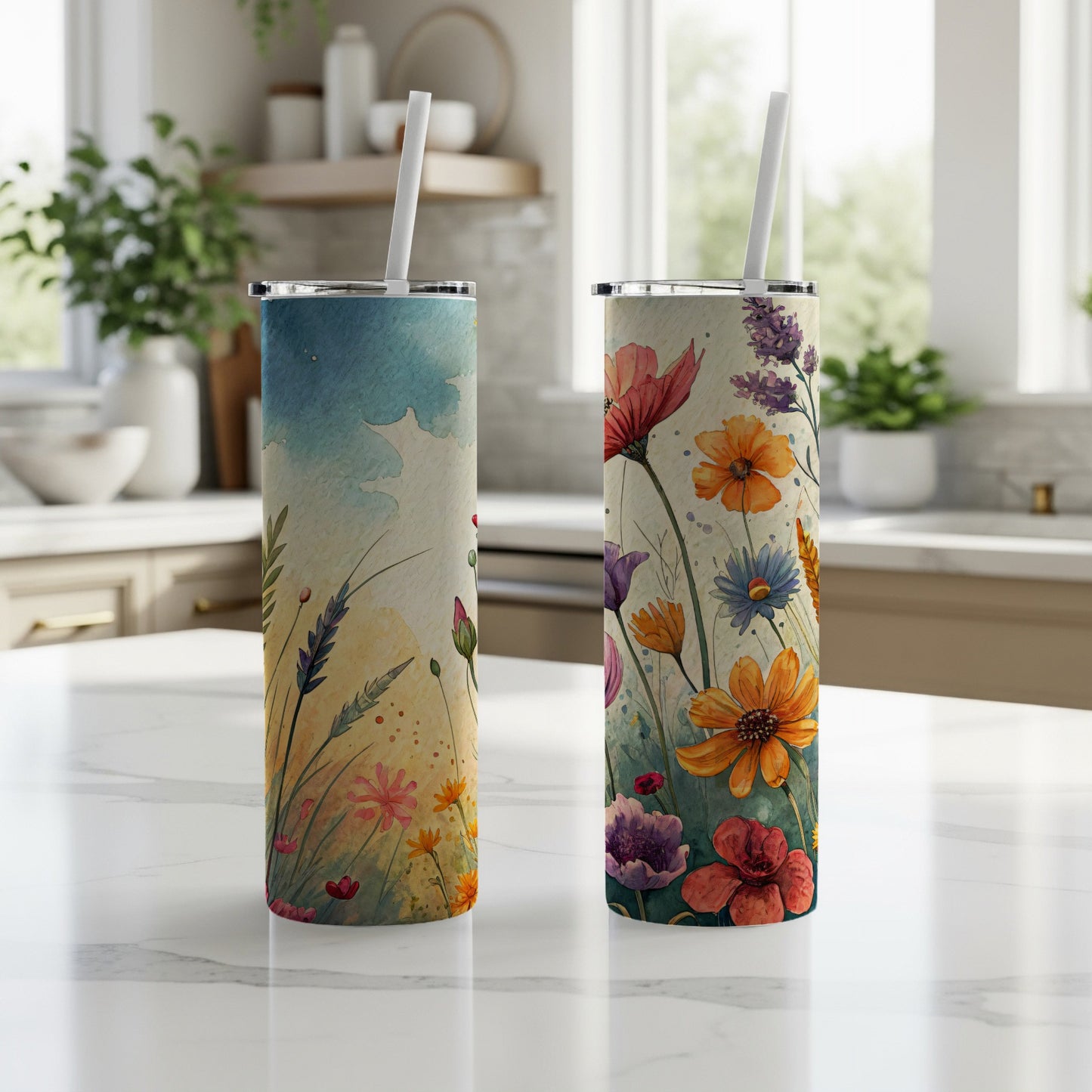 Watercolor Floral Field Design Beautiful Flower Art 20 oz Skinny Tumbler - Walk Greener