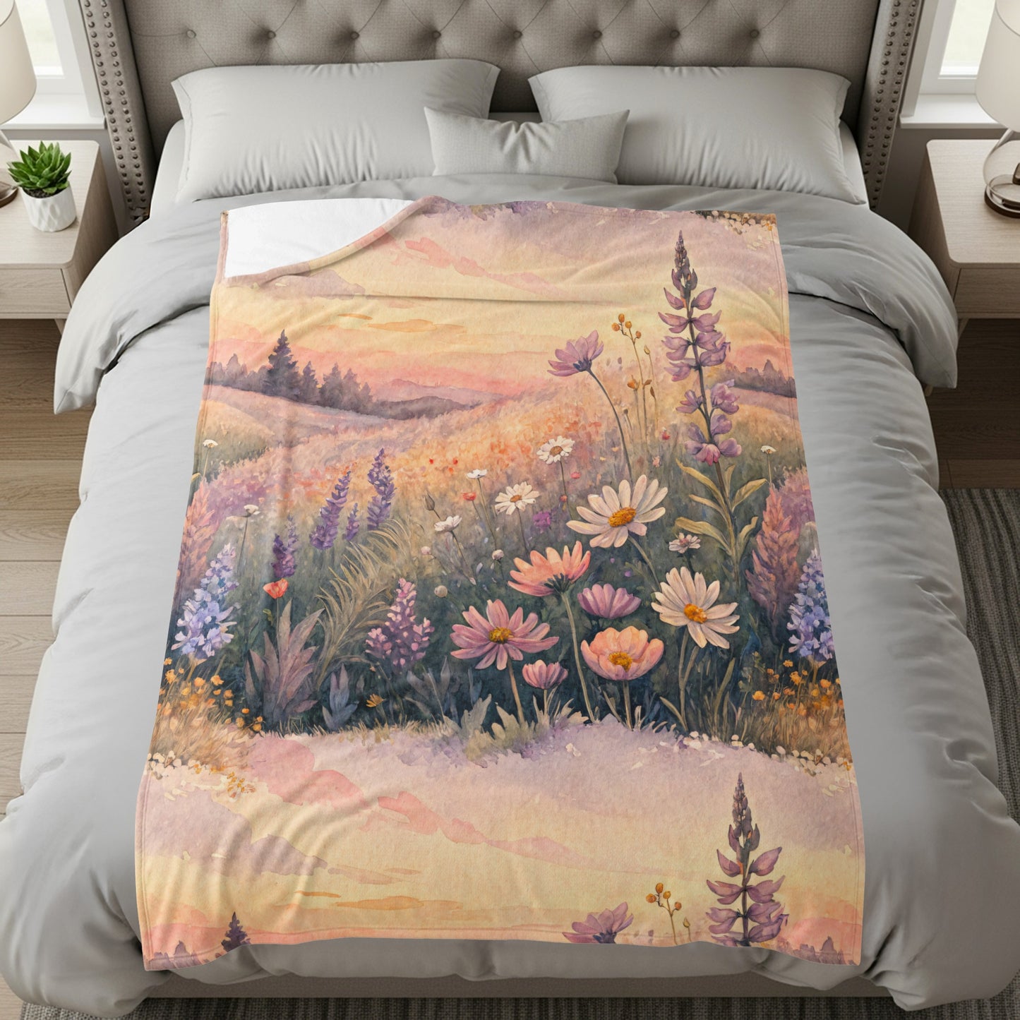 Floral Meadow Landscape Sunset in Watercolor Painting - Walk Greener