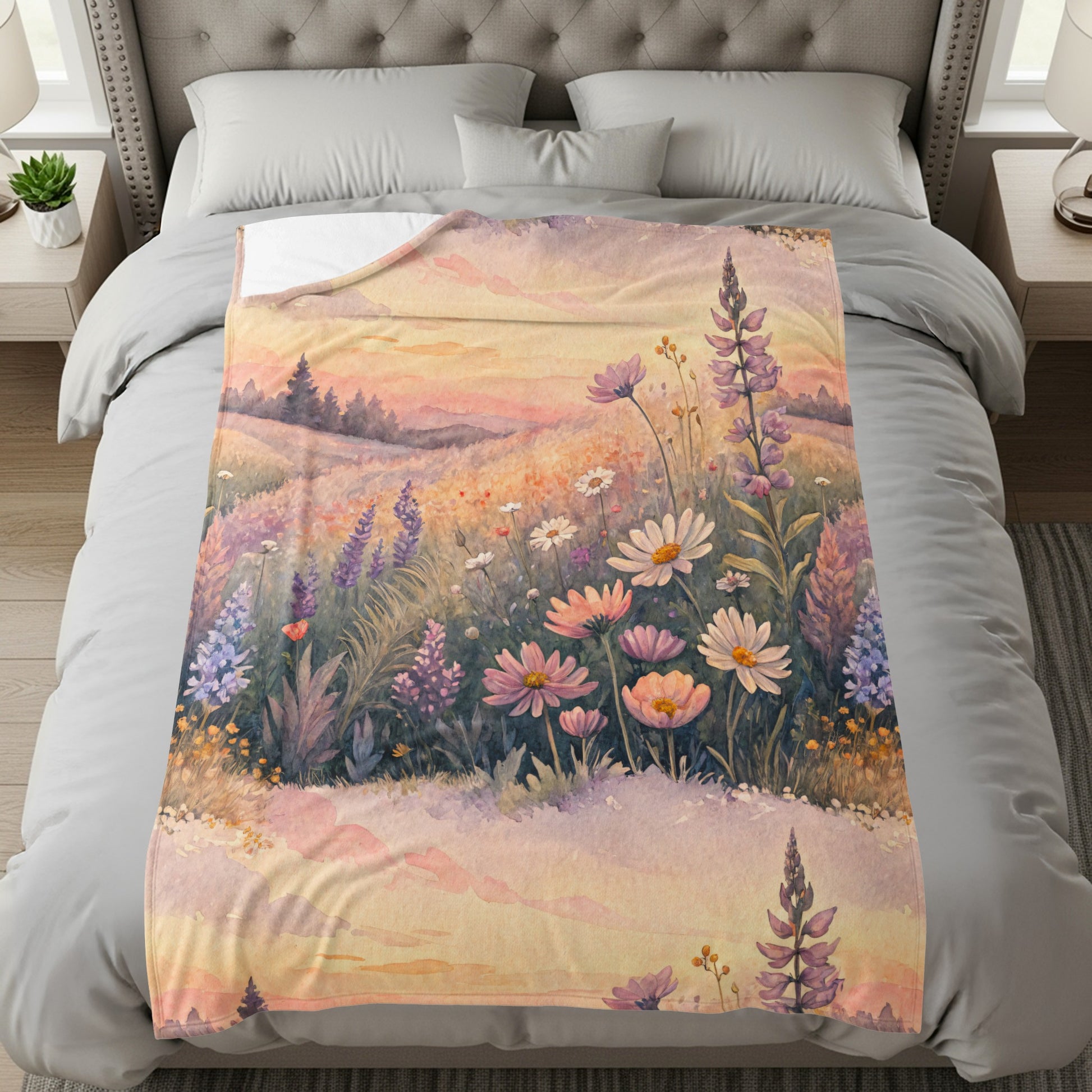 Floral Meadow Landscape Sunset in Watercolor Painting - Walk Greener