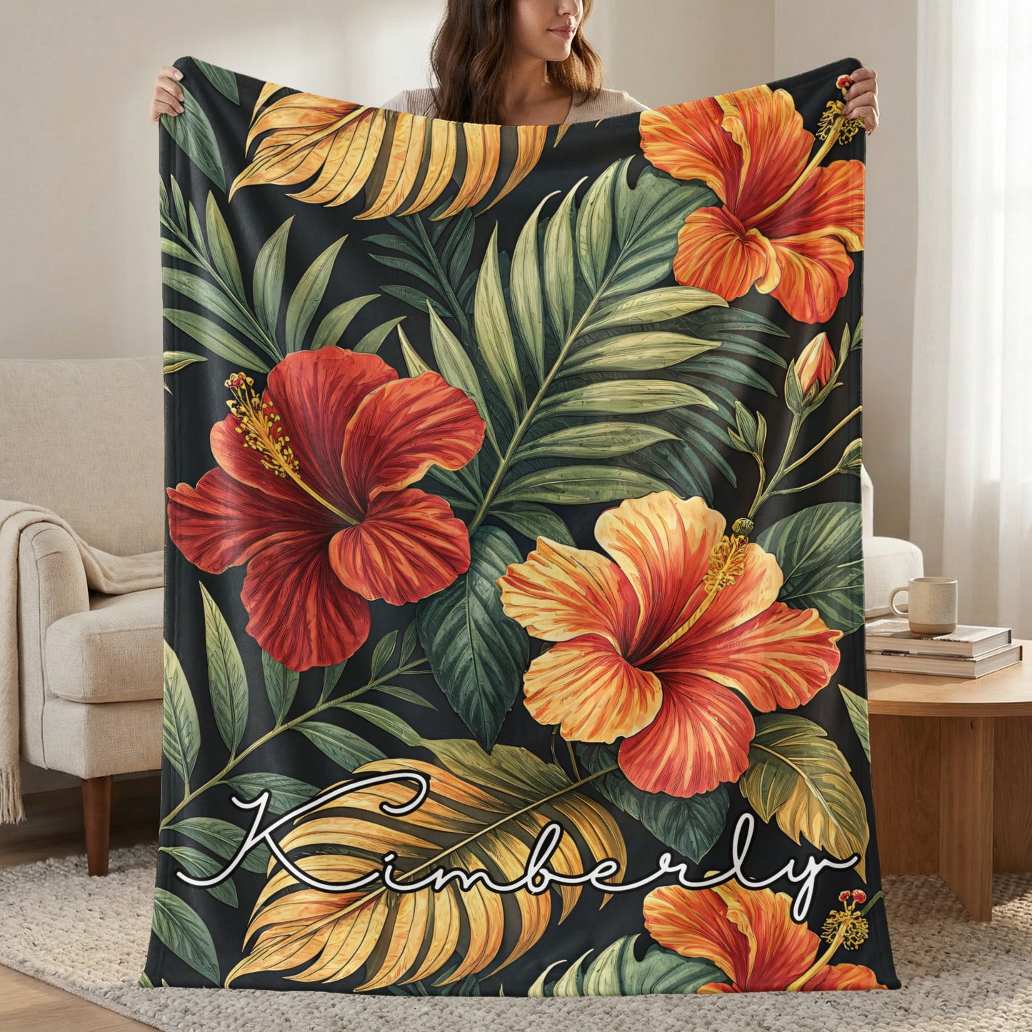 Personalized Floral Blanket with Tropical Hibiscus Design