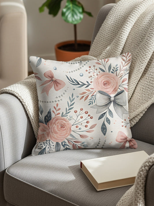 Floral Design Throw Pillow with Bows and Leaves Pattern