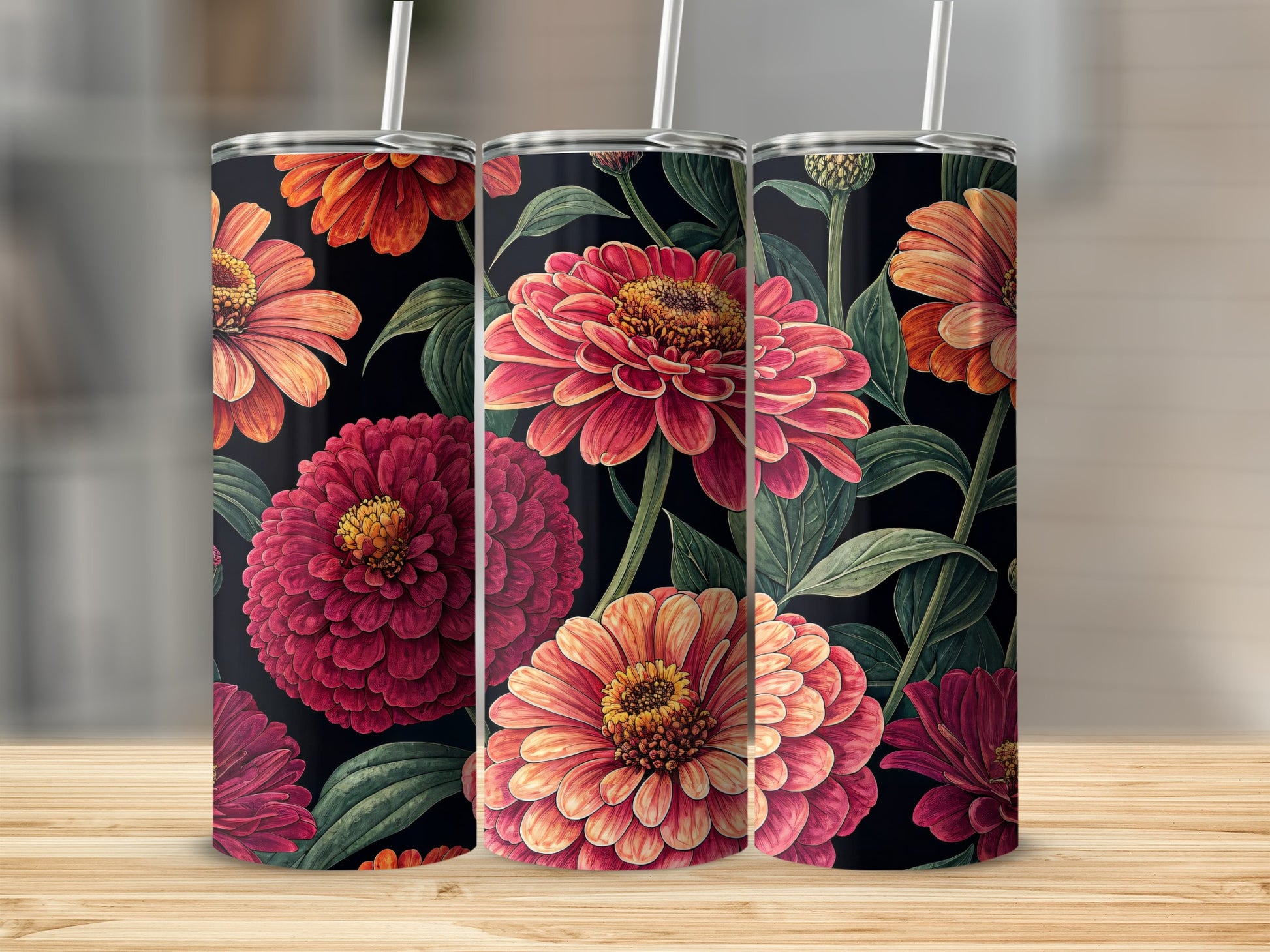 Floral Insulated Tumbler with Bright Zinnia Flowers Design