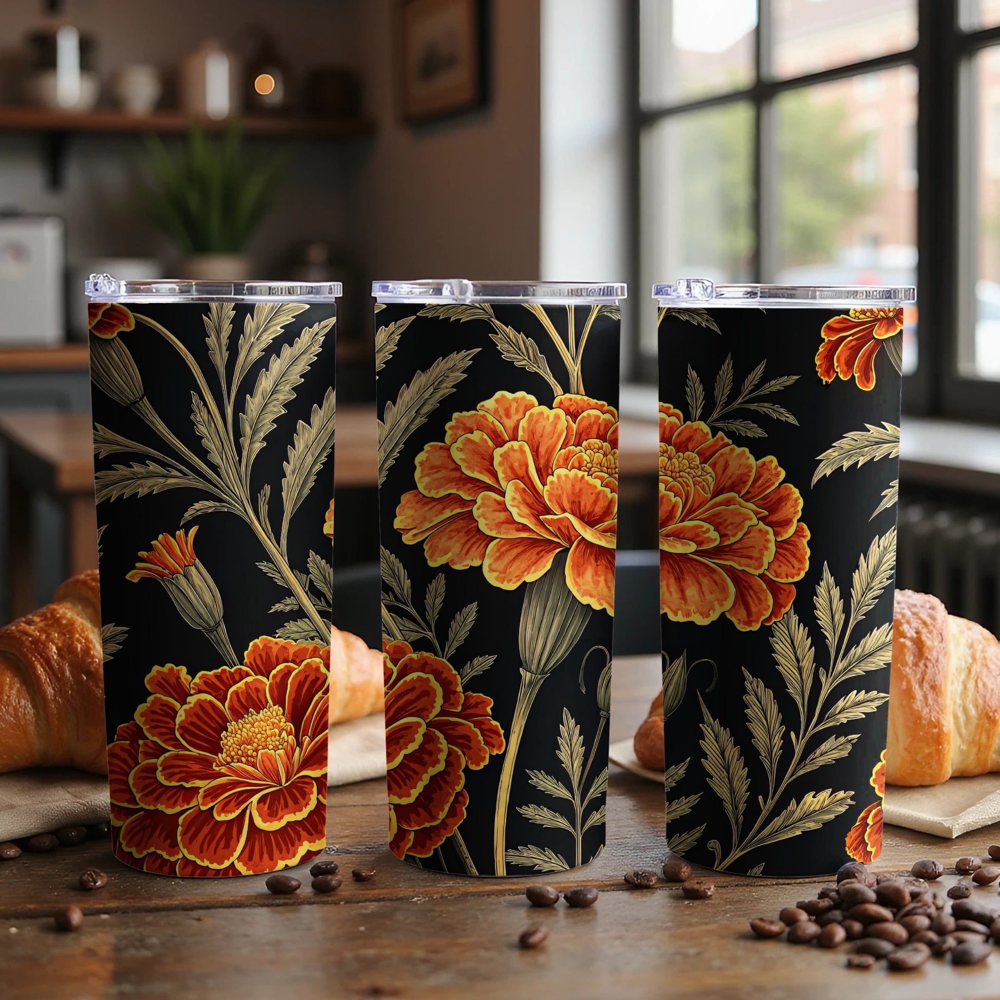 Floral Fiesta A Dark Blooming Marigolds Pattern Tumblers - Walk Greener