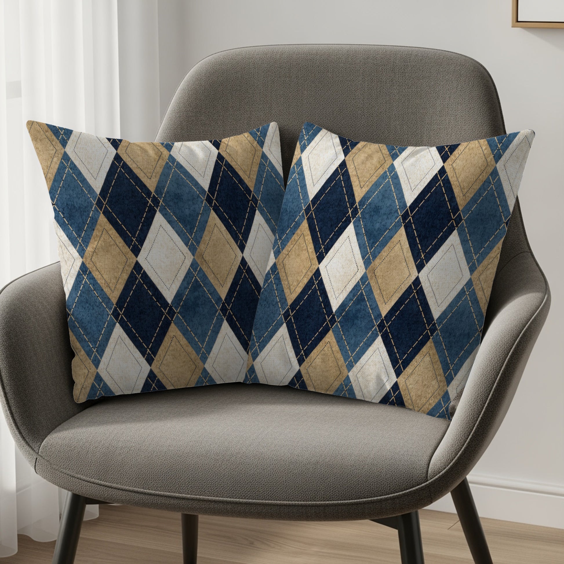 Blue Tan Diamond Pattern Decorative Pillow Set