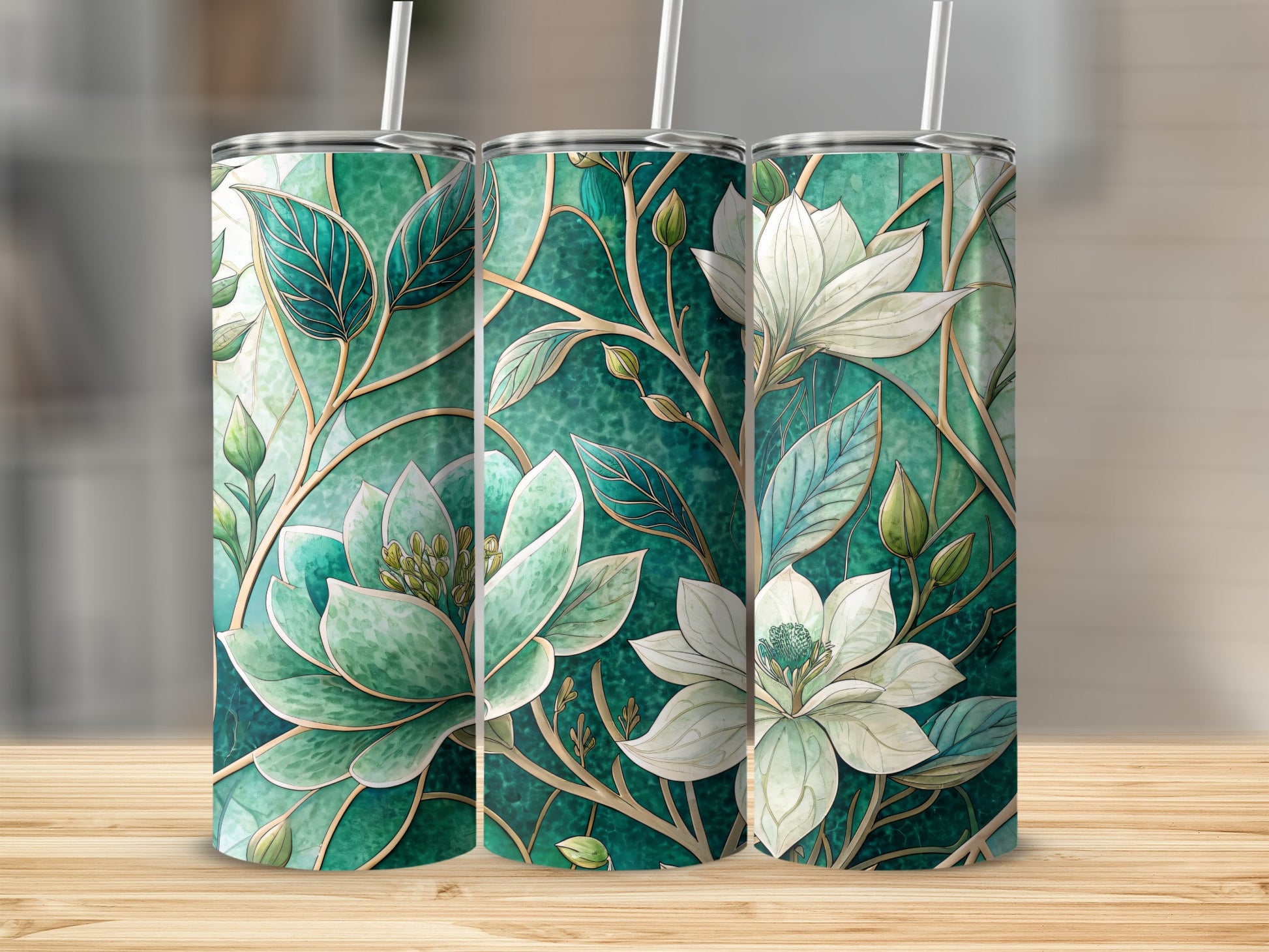 Blooming Magnolias on Emerald Background 20 oz Skinny Tumbler - Walk Greener