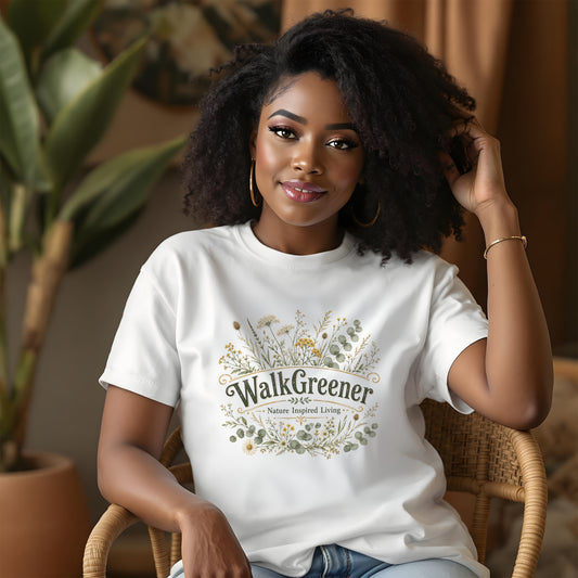 Woman in white t-shirt with "Walk Greener" floral design and text.