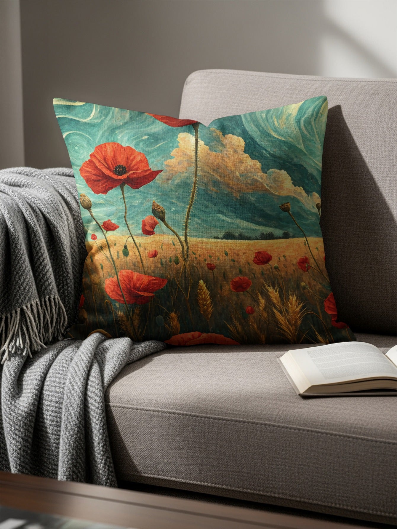 Red Poppy Field Under Sky in Painted Style Throw Pillows - Walk Greener