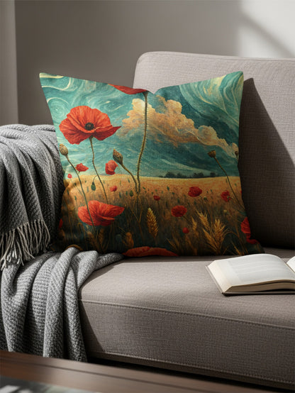 Red Poppy Field Under Sky in Painted Style Throw Pillows - Walk Greener
