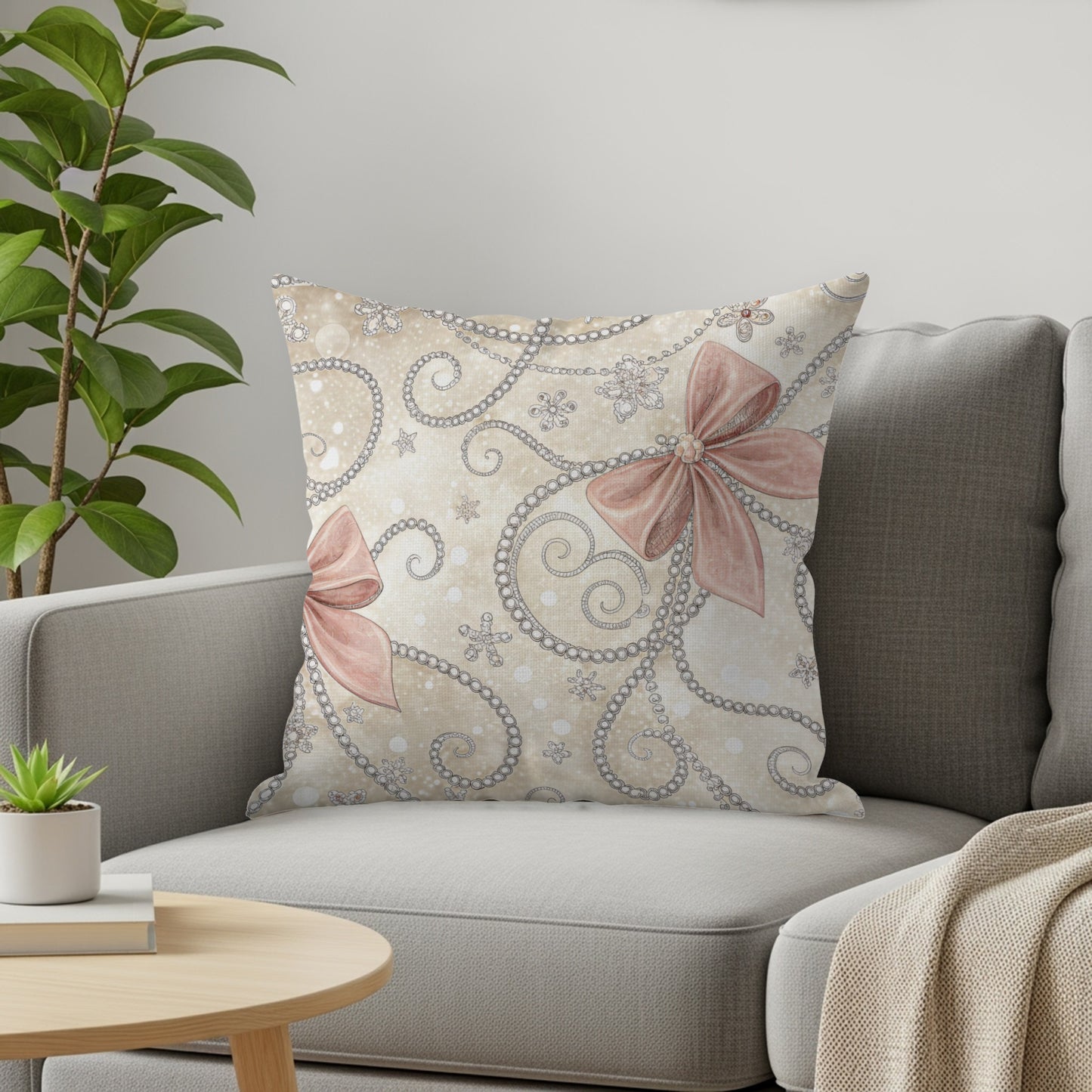 Bows and Pearls on Beige Patterned Background Pillows & Pillow Cases - Walk Greener