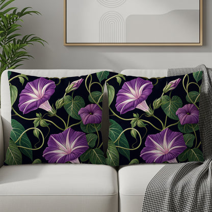Detailed Purple Morning Glory Vine with Green Leaves Decorative Floral Throw Pillows - Walk Greener