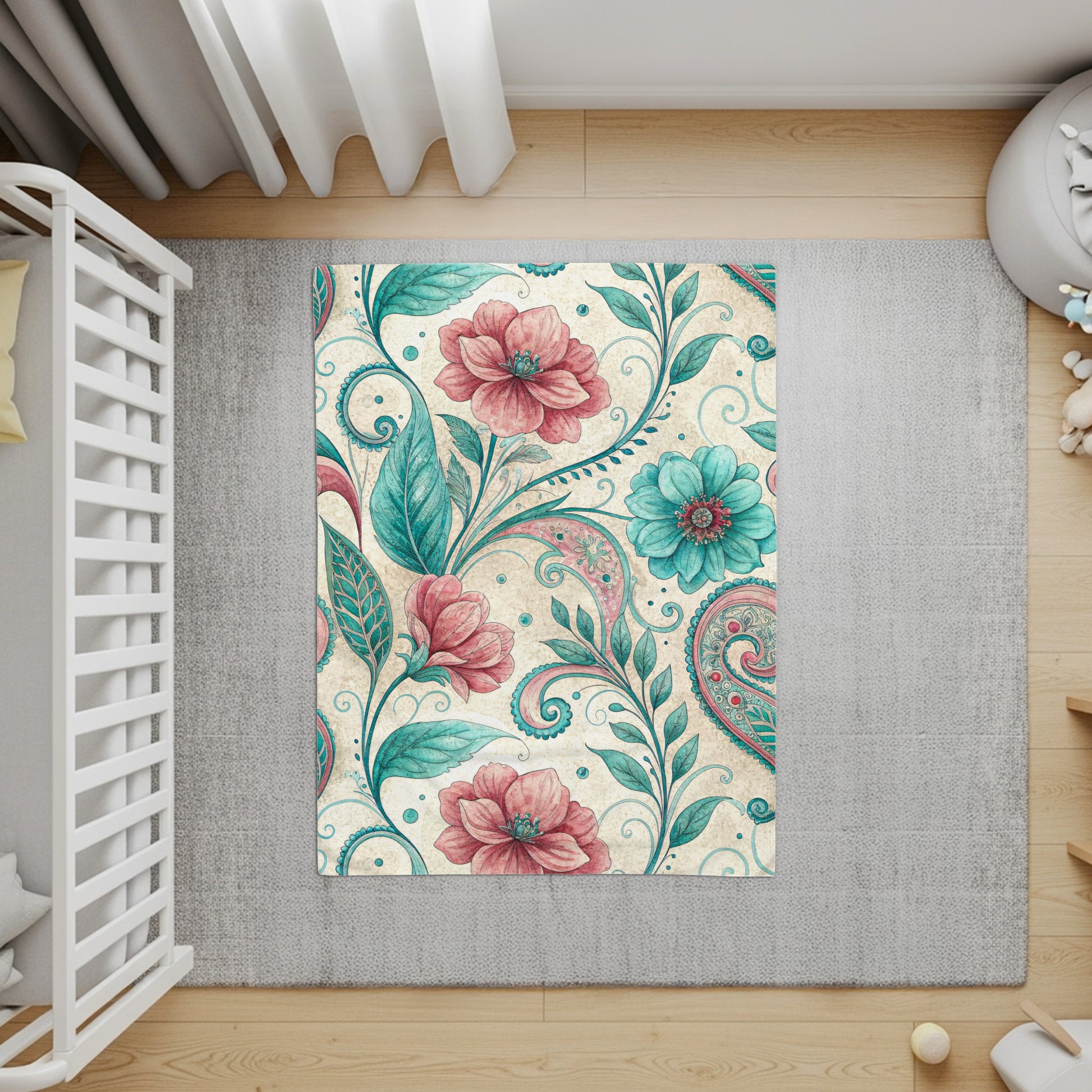 Floral Paisleys in Pink and Teal Watercolor Style Art - Walk Greener