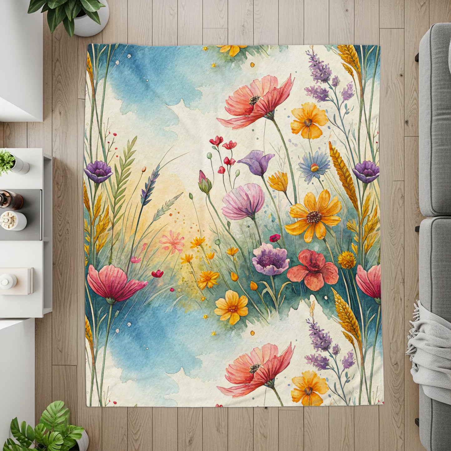 Watercolor Wildflower Meadow In Bloom Dreamscape Art Velveteen Plush Blankets - Walk Greener