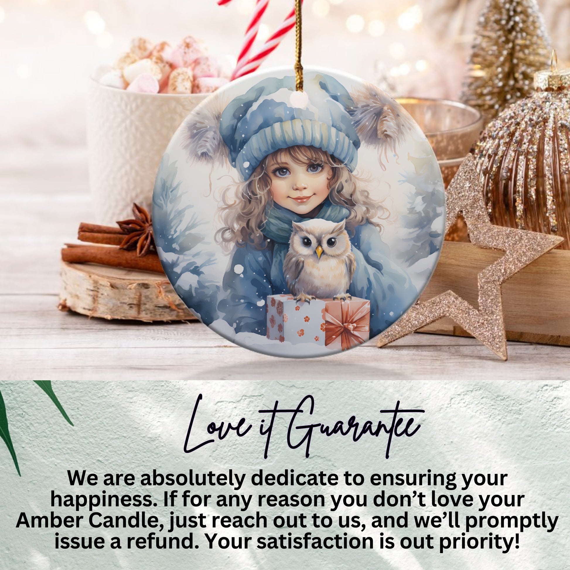 Winter Themed Girl and Owl Print Christmas Ornament product