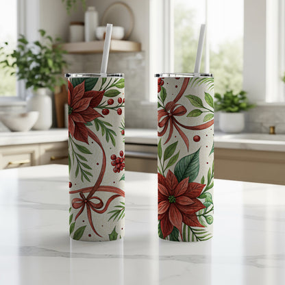 Festive Poinsettia and Berries Design Insulated Tumbler