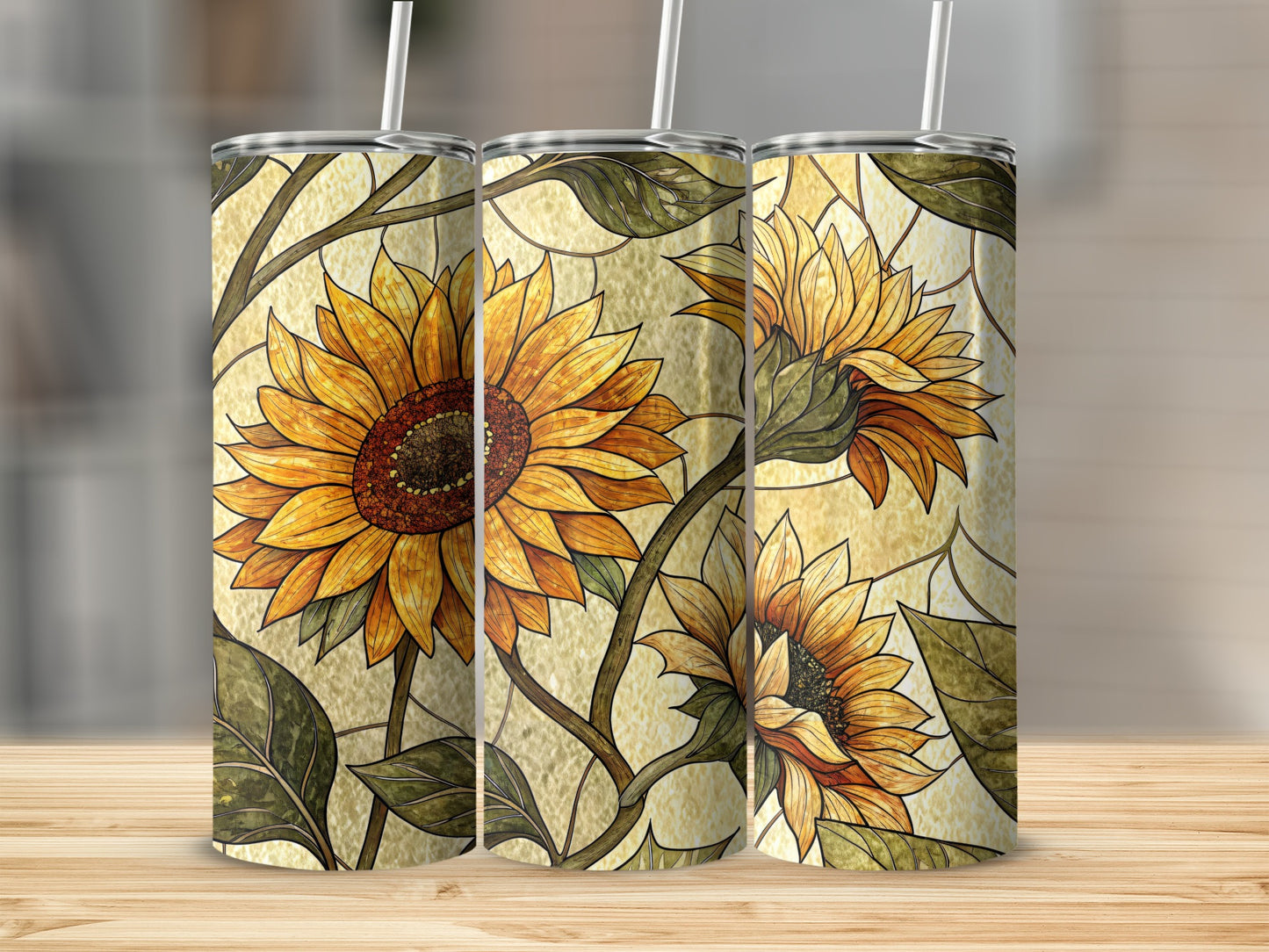 Sunflower Bloom Stained Glass Style Design 20 oz Skinny Tumbler - Walk Greener