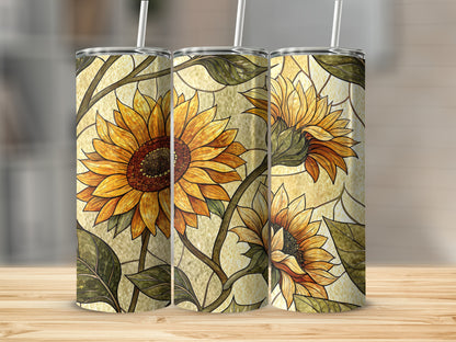 Sunflower Bloom Stained Glass Style Design 20 oz Skinny Tumbler - Walk Greener