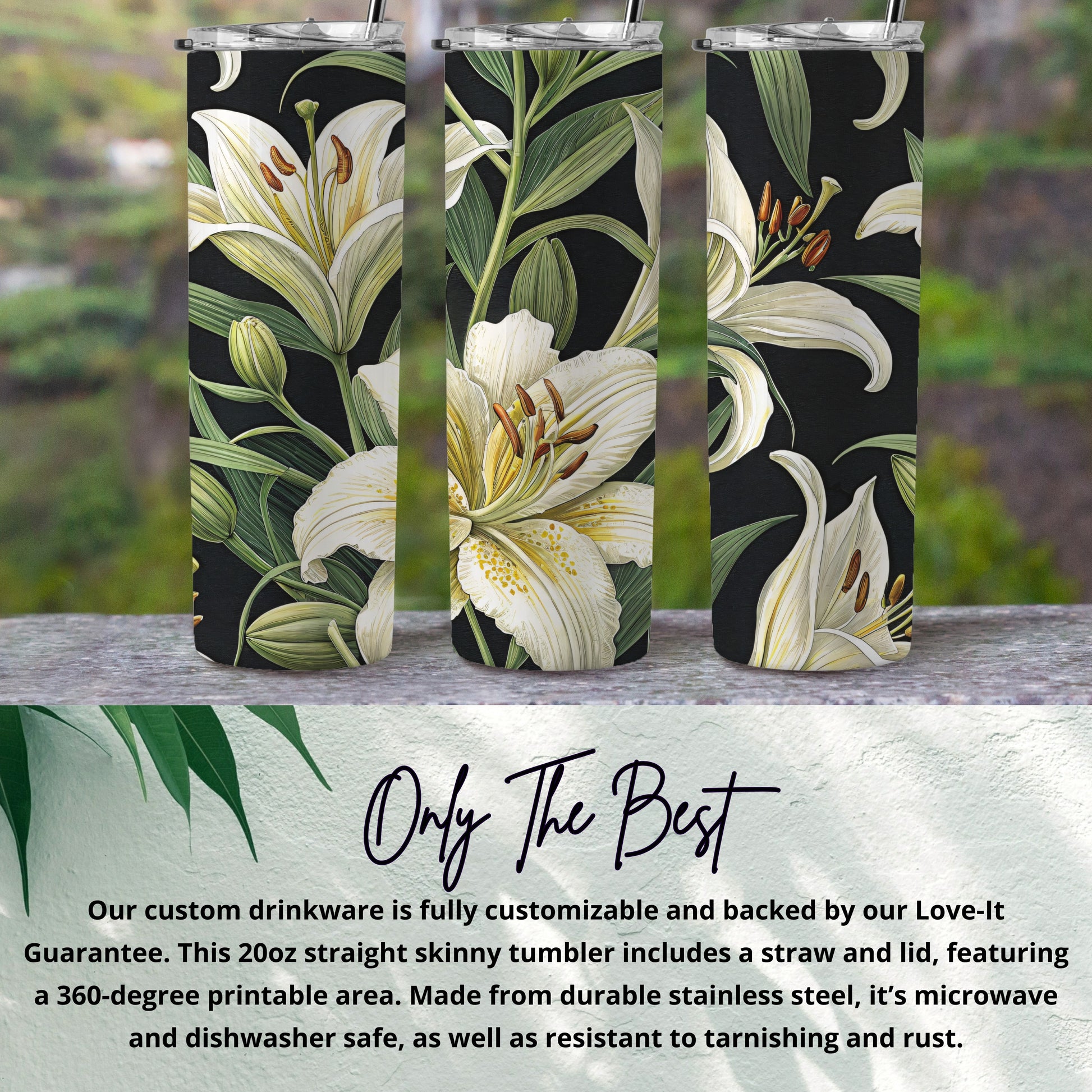 Elegant White Lily Floral Skinny Tumbler with Lid and Straw