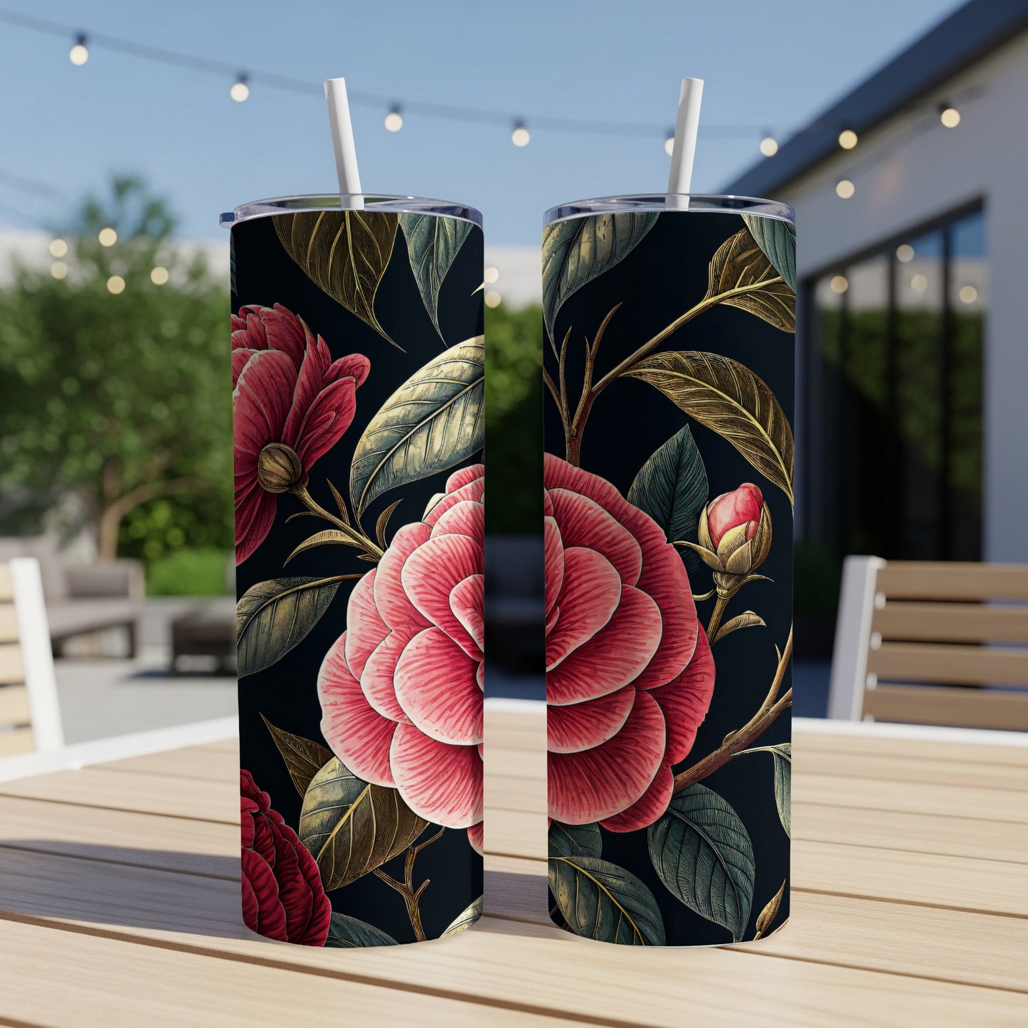 Pink Flower Detailed Floral Pattern Against Dark Background Tumblers - Walk Greener