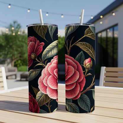 Pink Flower Detailed Floral Pattern Against Dark Background Tumblers - Walk Greener