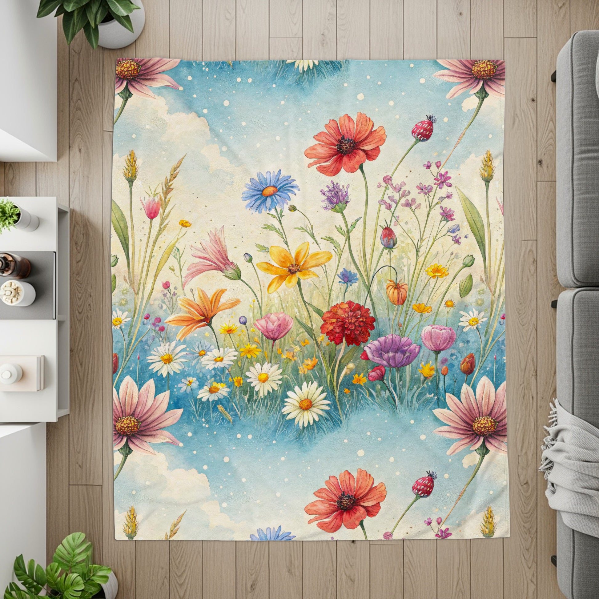 Watercolor Meadow in Sky With Flowers Velveteen Plush Blankets - Walk Greener