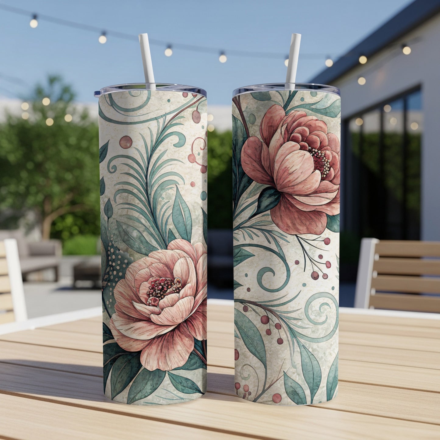 Watercolor Floral Elegant Roses and Leaves Design 20 oz Skinny Tumbler - Walk Greener